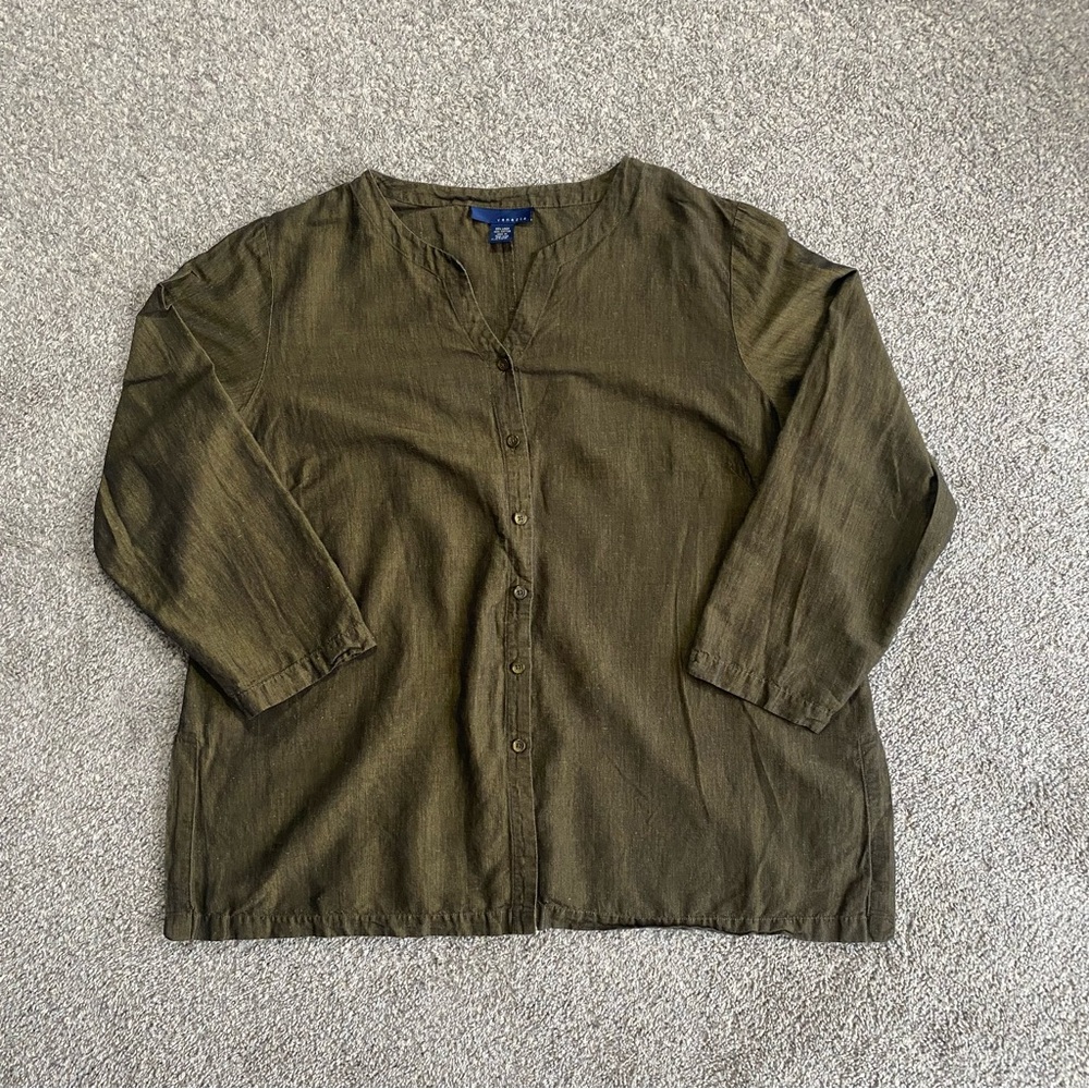 Venezia Women’s Sz. 26/28 Dark Green Split Neck Button-Up Shirt